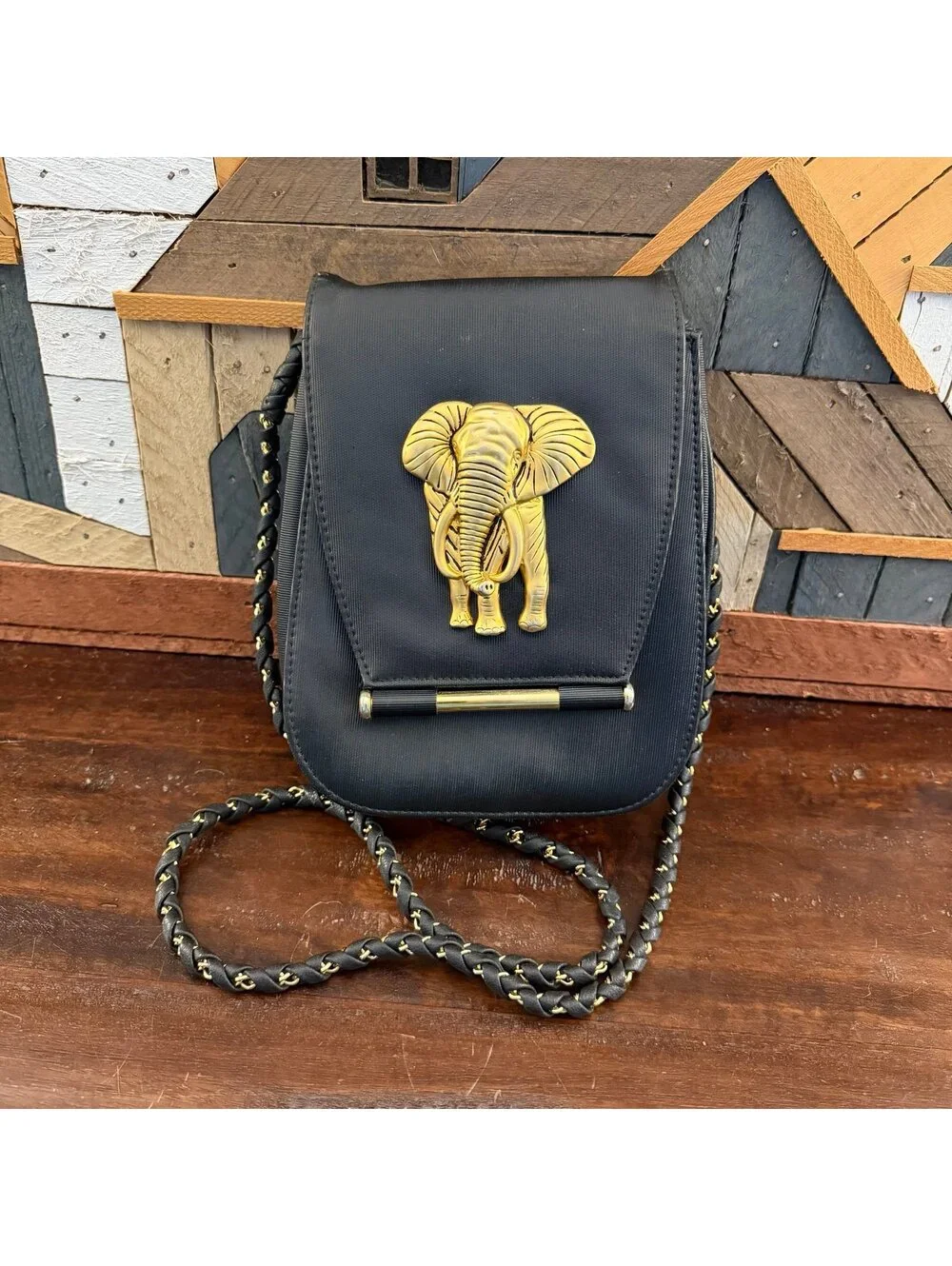 Vintage 80s NIMA Black Crossbody Bag Gold 3D Elephant Safari Statement